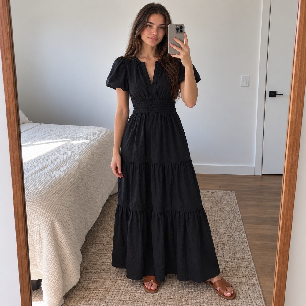 Quince Maxi Dress S Black Organic Cotton Puff Sleeve Smocked Tiered Cottage Boho